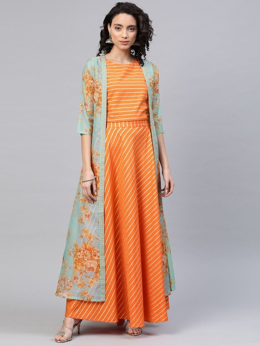 Ahalyaa Women's Orange Crepe Gold Print Top Skirt With Printed Jacket