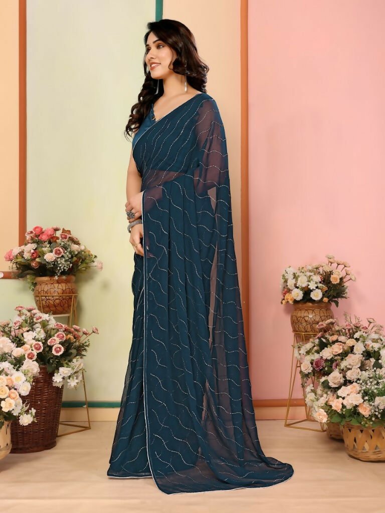 Aafreen Partywear Designer Bottle Green Georgette Fancy Saree