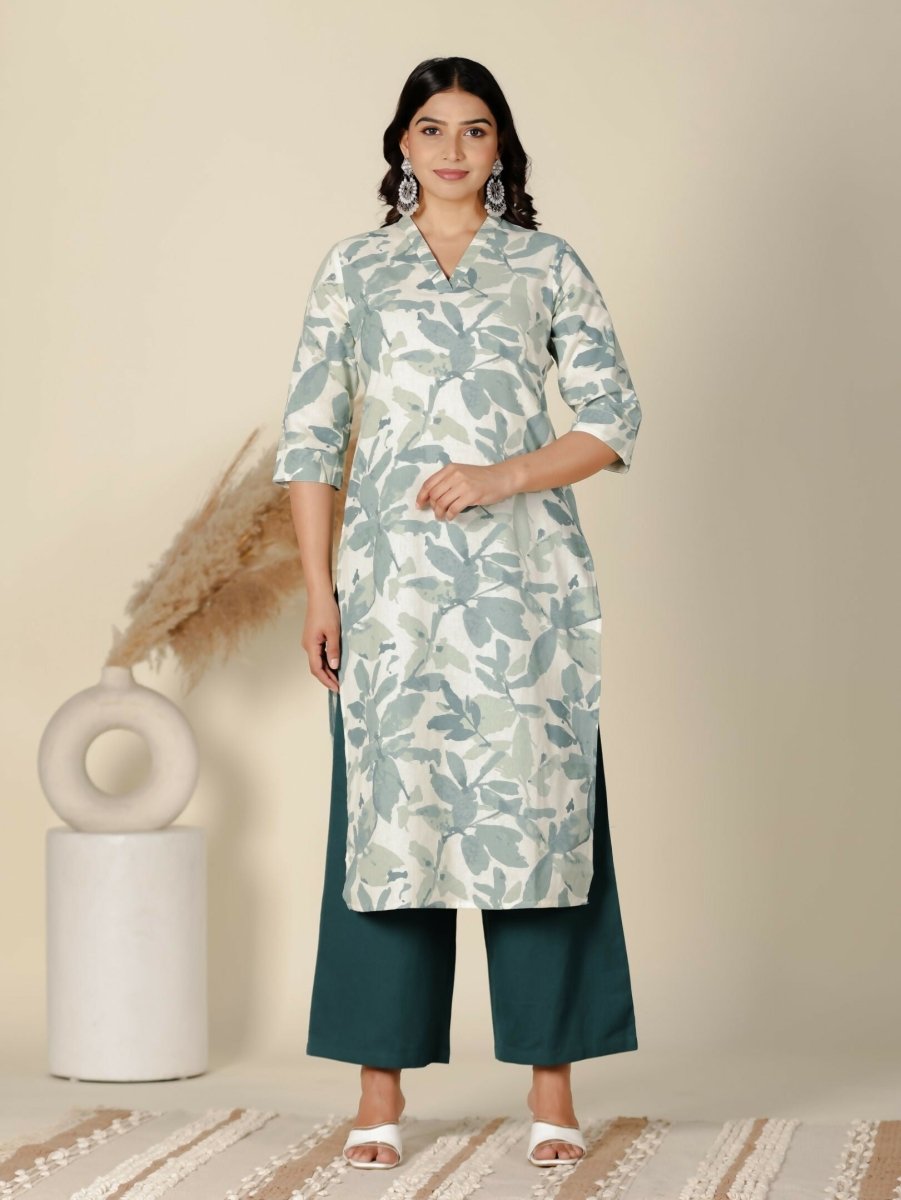 Aramya Green Linen Cotton Foliage Straight Kurta for Women