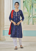Jyoti Fashion Women's Blue Pure Viscose Weaving Stripe with Embroidery Kurta Set