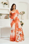 Vastranavya White Orange Digital Printed Linen Ready To Wear Designer Saree with Unstitched Blouse