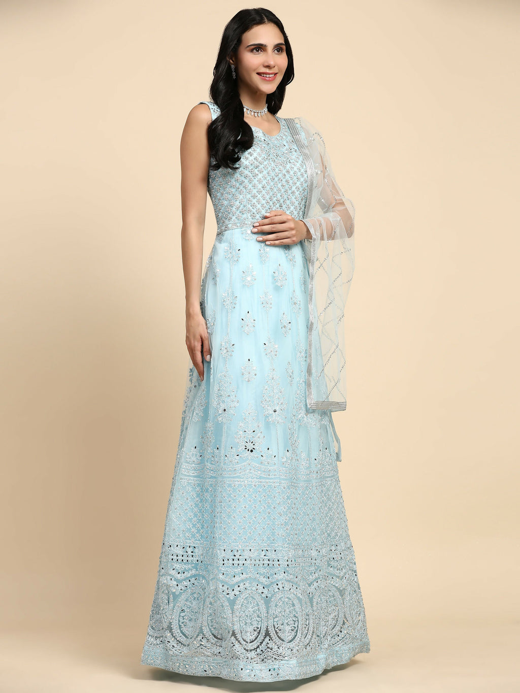 Blue Net Hand Embroidered Gown - Rudrani