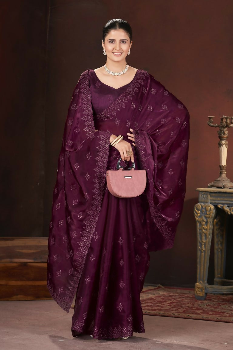 Vastranavya Wine Jimmy Choo Silk 3mm Sequence work with Cross Stitch Embroidery work & Cutwork Border Saree