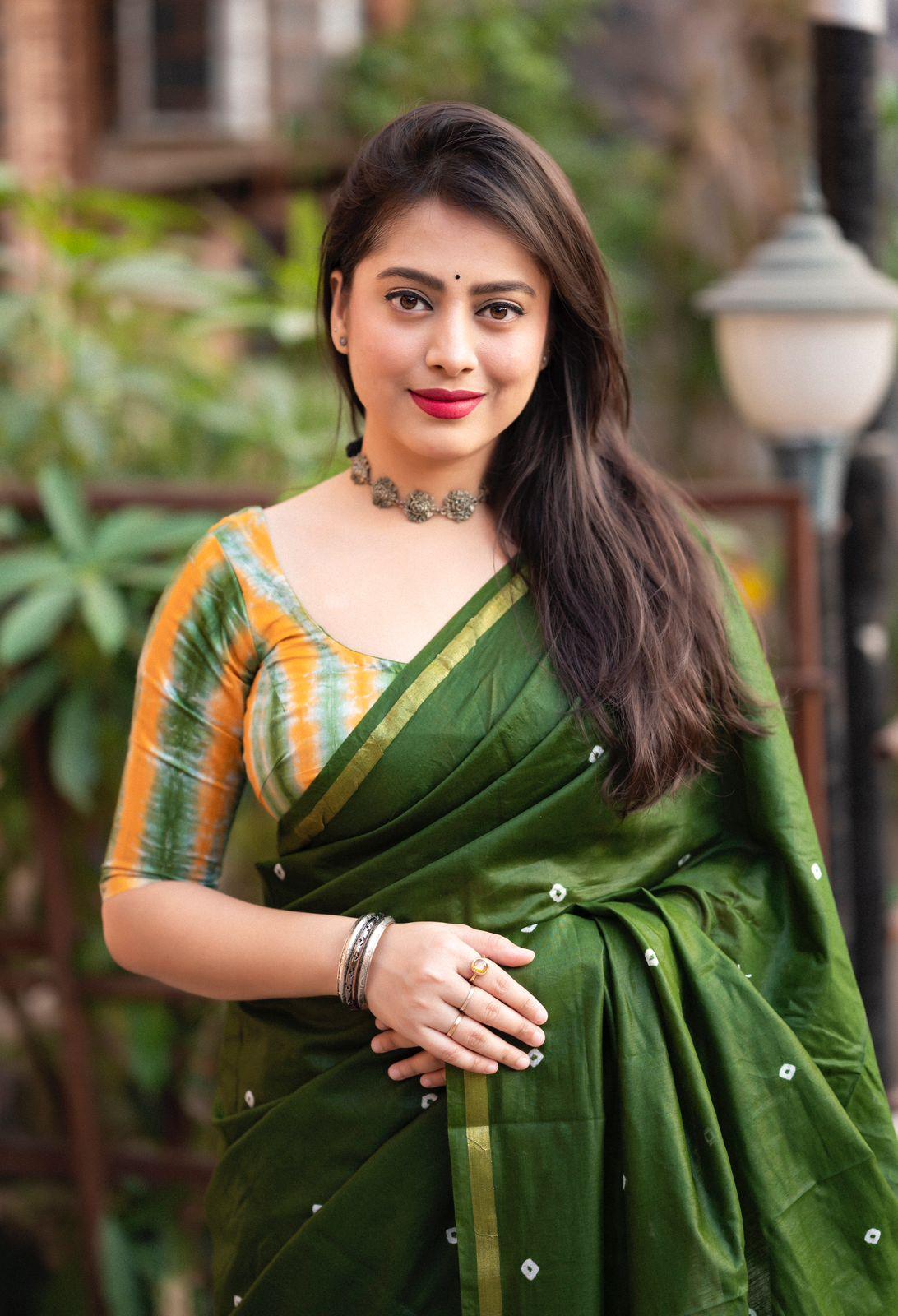 Mehndi Chanderi Cotton Block Print Saree with Unstitched Blouse - Hiral Fashion