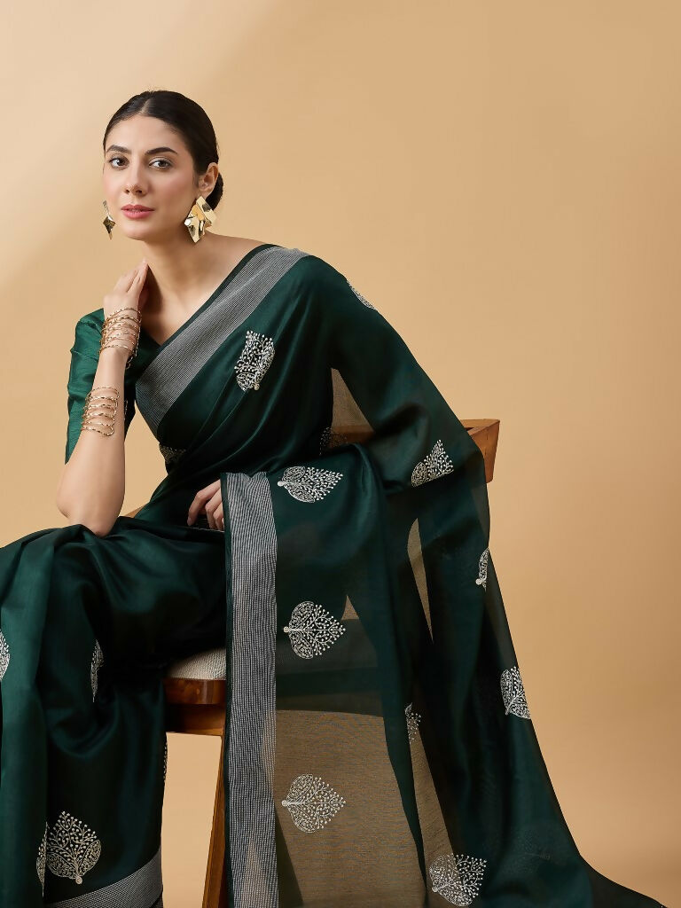 Green Cotton Blend Thread Embroidered Saree with Unstitched Blouse - Satya
