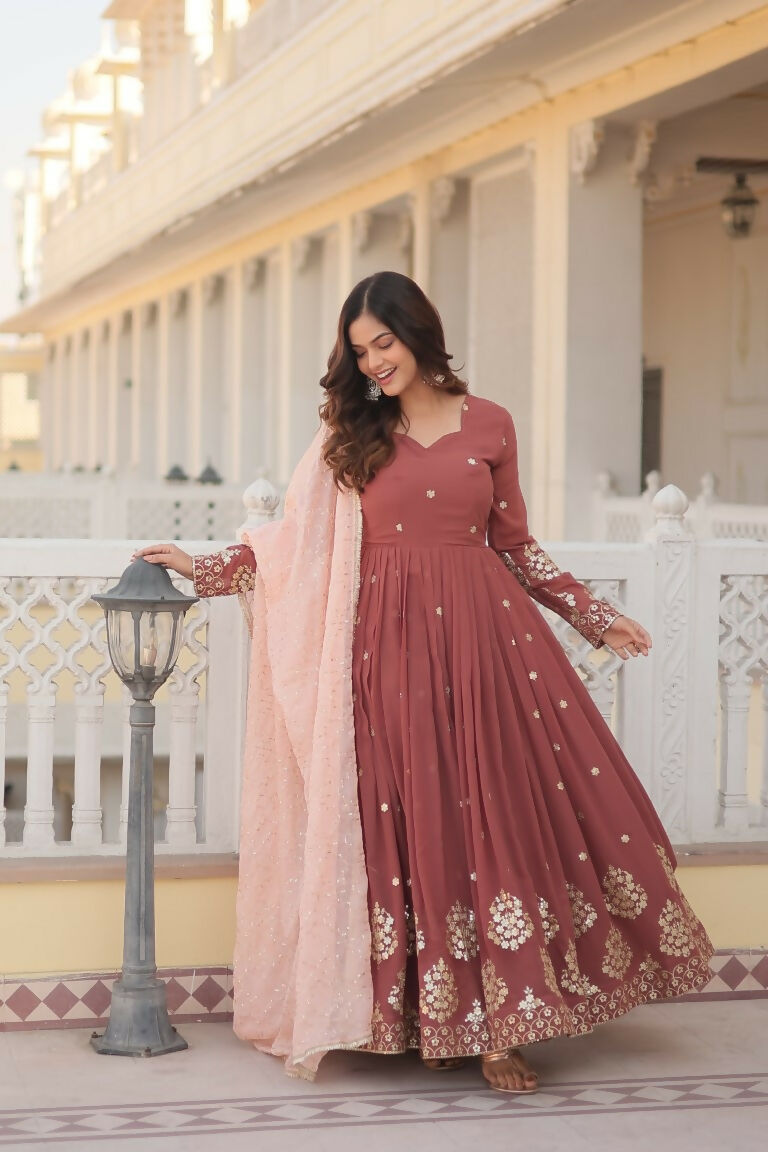 Jyoti Fashion Women's Brown Faux Georgette Sequins Thread Embroidery Anarkali Dress with Dupatta