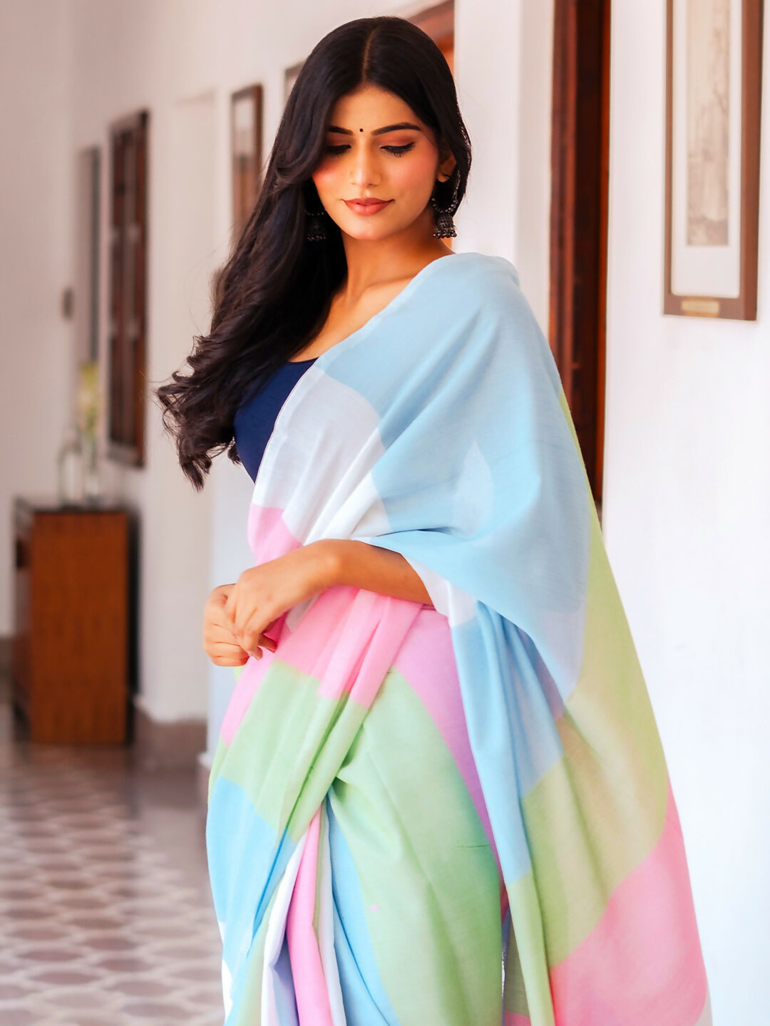 Zibaa Hand-Dyed Mul Cotton Multi-color Saree with Tassels