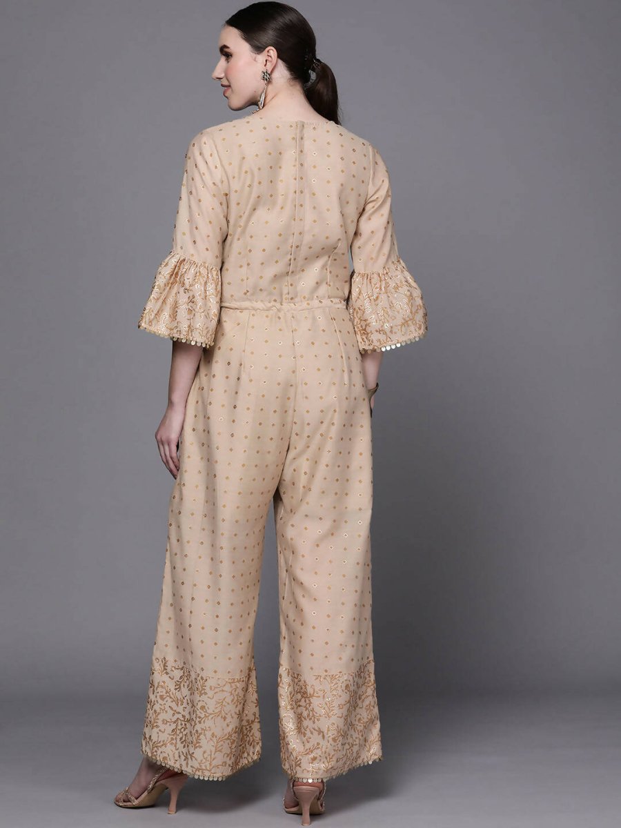 Ahalyaa Beige & Golden Printed Basic Jumpsuit