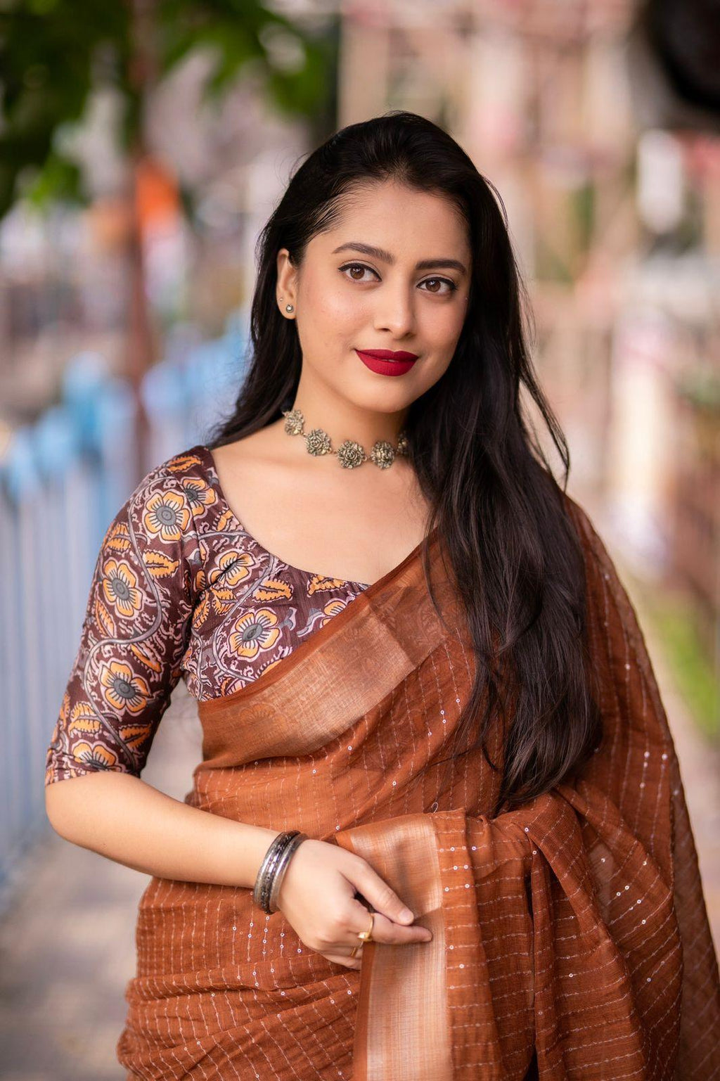Brown Linen Sequence Saree with Unstitched Blouse - Hiral Fashion