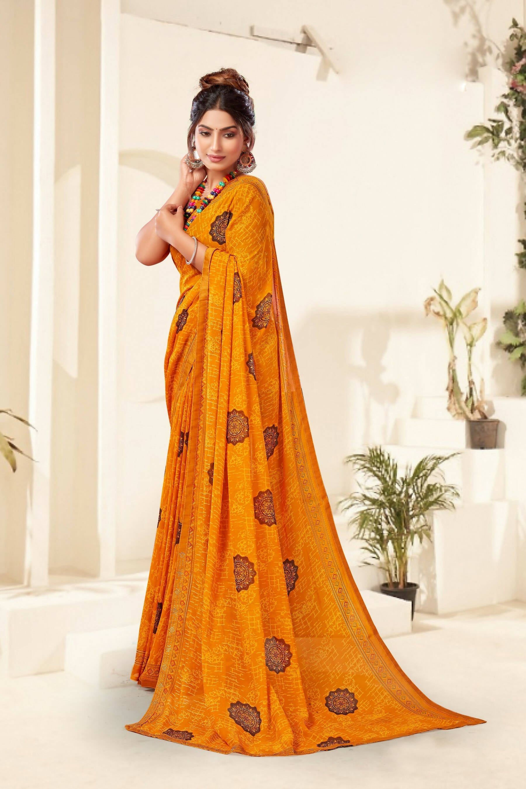 Mustard Georgette Texture Printed Saree with Unstitched Blouse Piece - Akansha