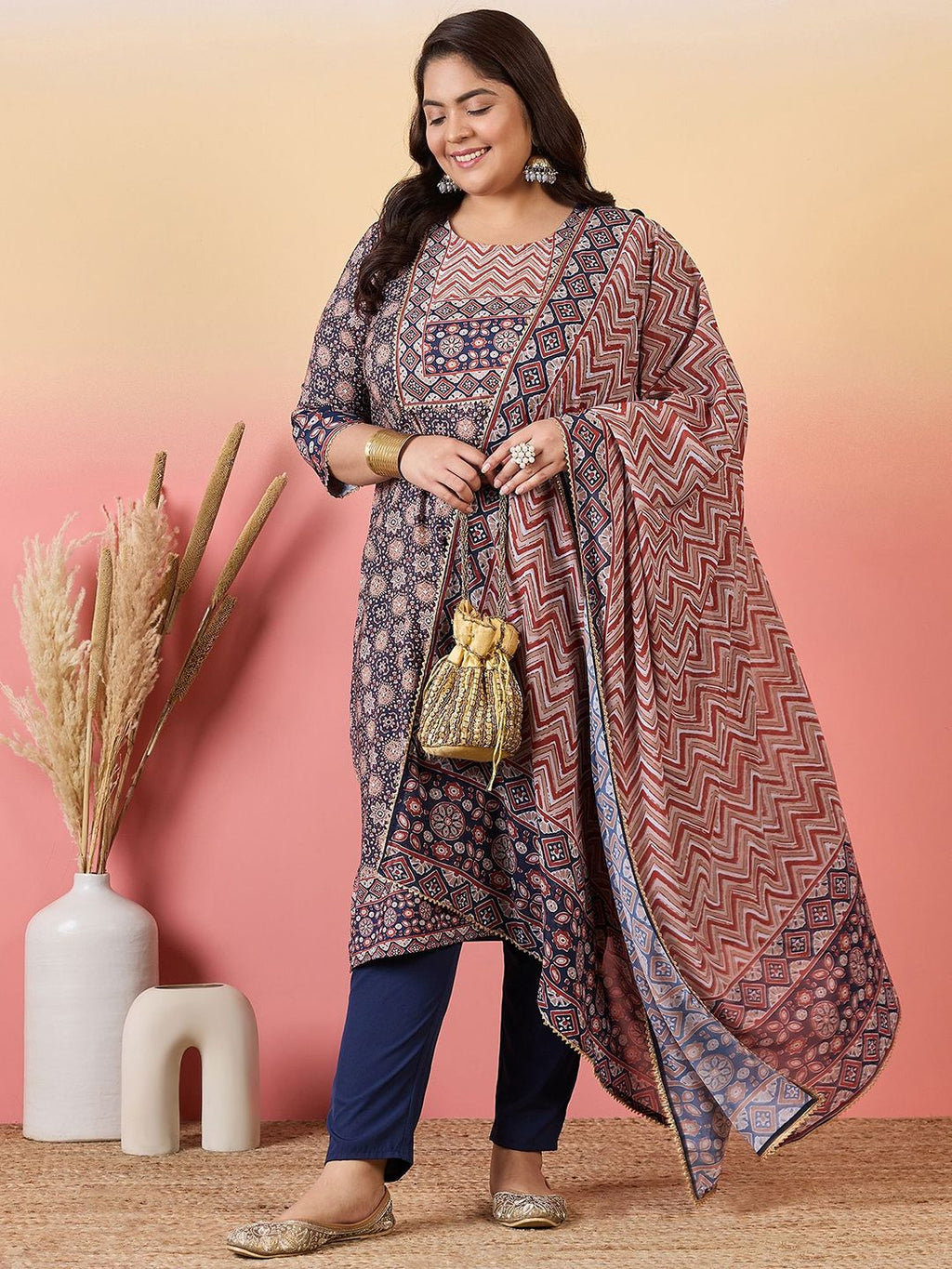 Sztori Women Floral Yoke Design Regular Gotta Patti Kurta with Trousers & With Dupatta