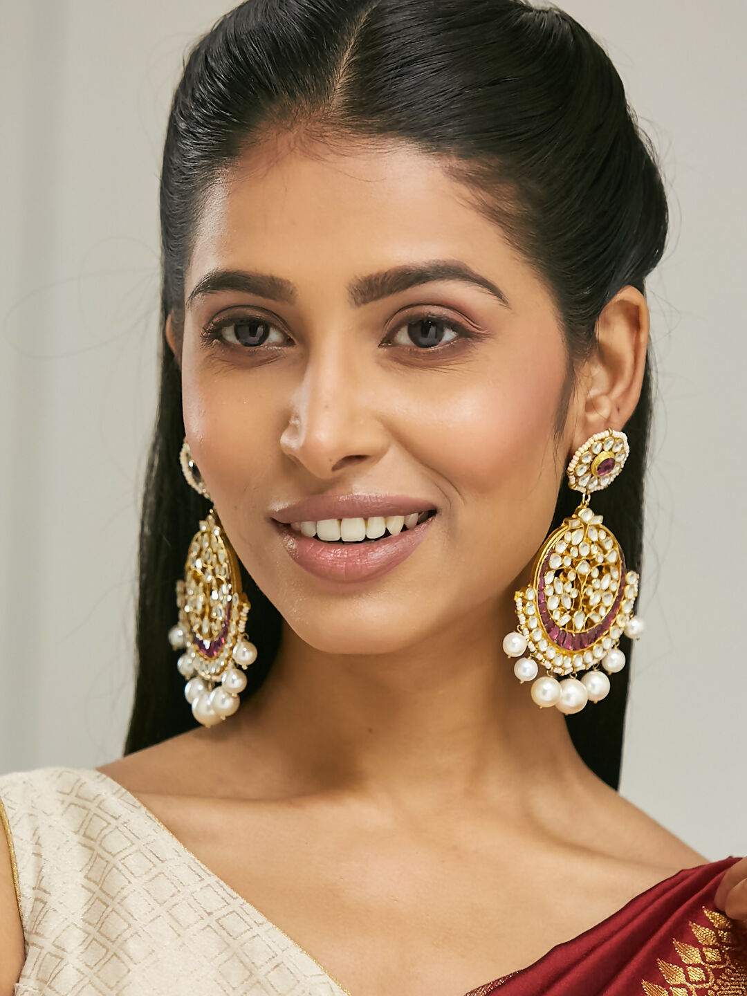 Nuyug 22K Gold-Plated Elegant Ruby & Kundan Stone Studded With Pearl Beaded Floral Chandbalis