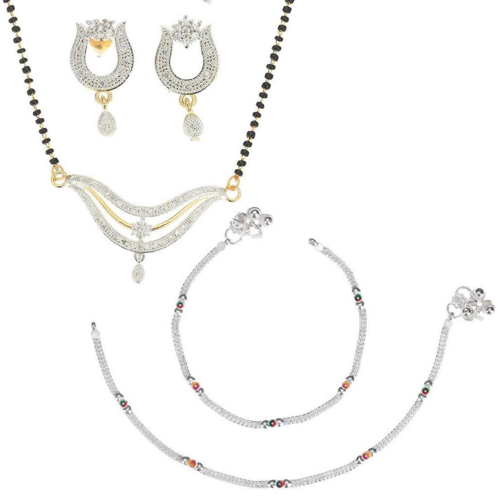 AanyaCentric Gold-Polished Mangalsutra Pendant Earring Set & Silver Plated Anklet
