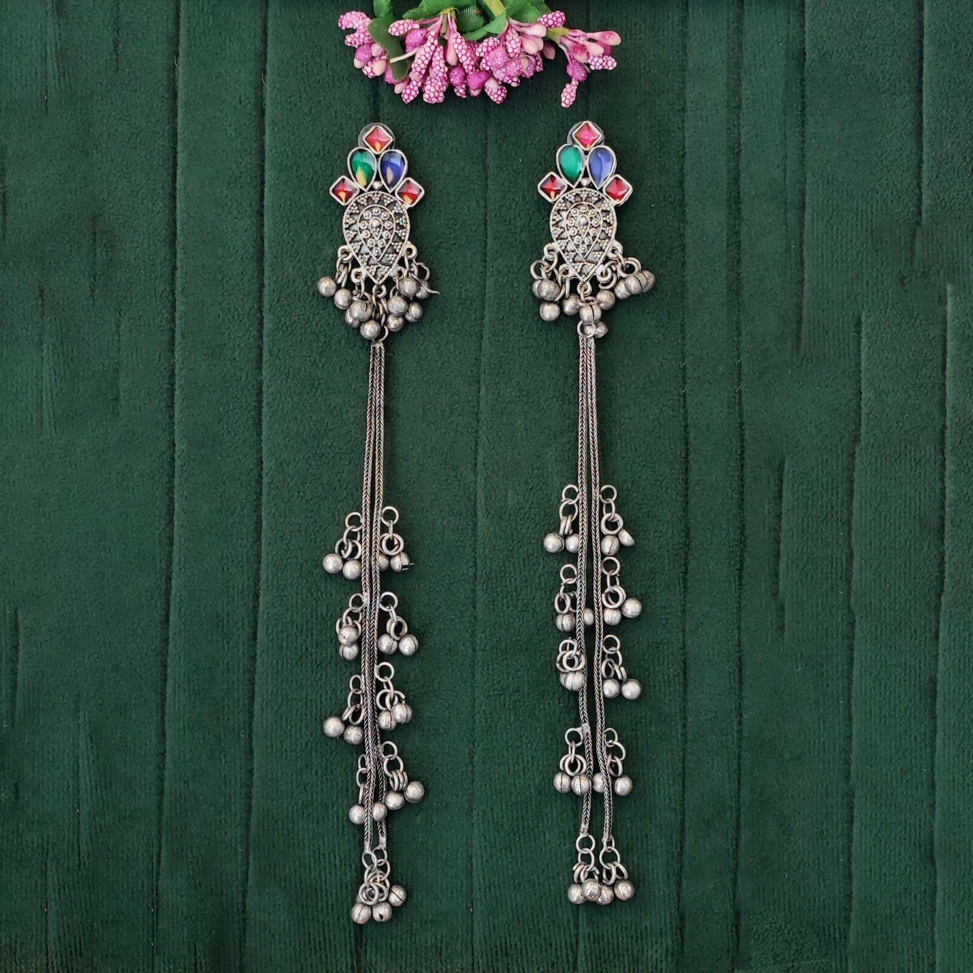JS Fashion Oxidized Silver Long Jhumka Earrings with Ghungroo for Women & Girls