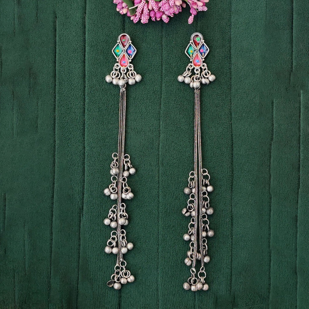 JS Fashion Tribal Oxidized Long Earrings with Multicolor Stones for Women & Girls