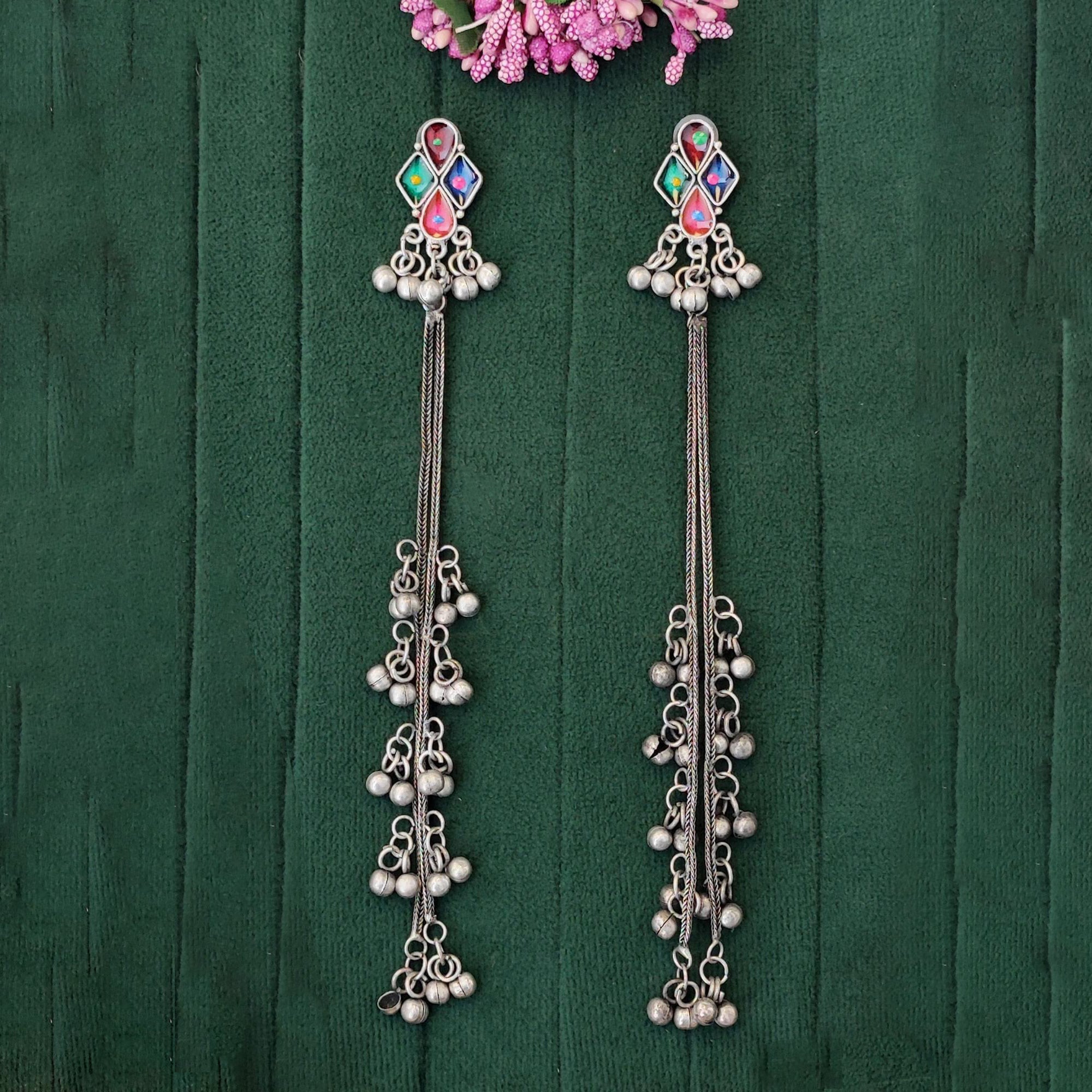 JS Fashion Tribal Oxidized Long Earrings with Multicolor Stones for Women & Girls