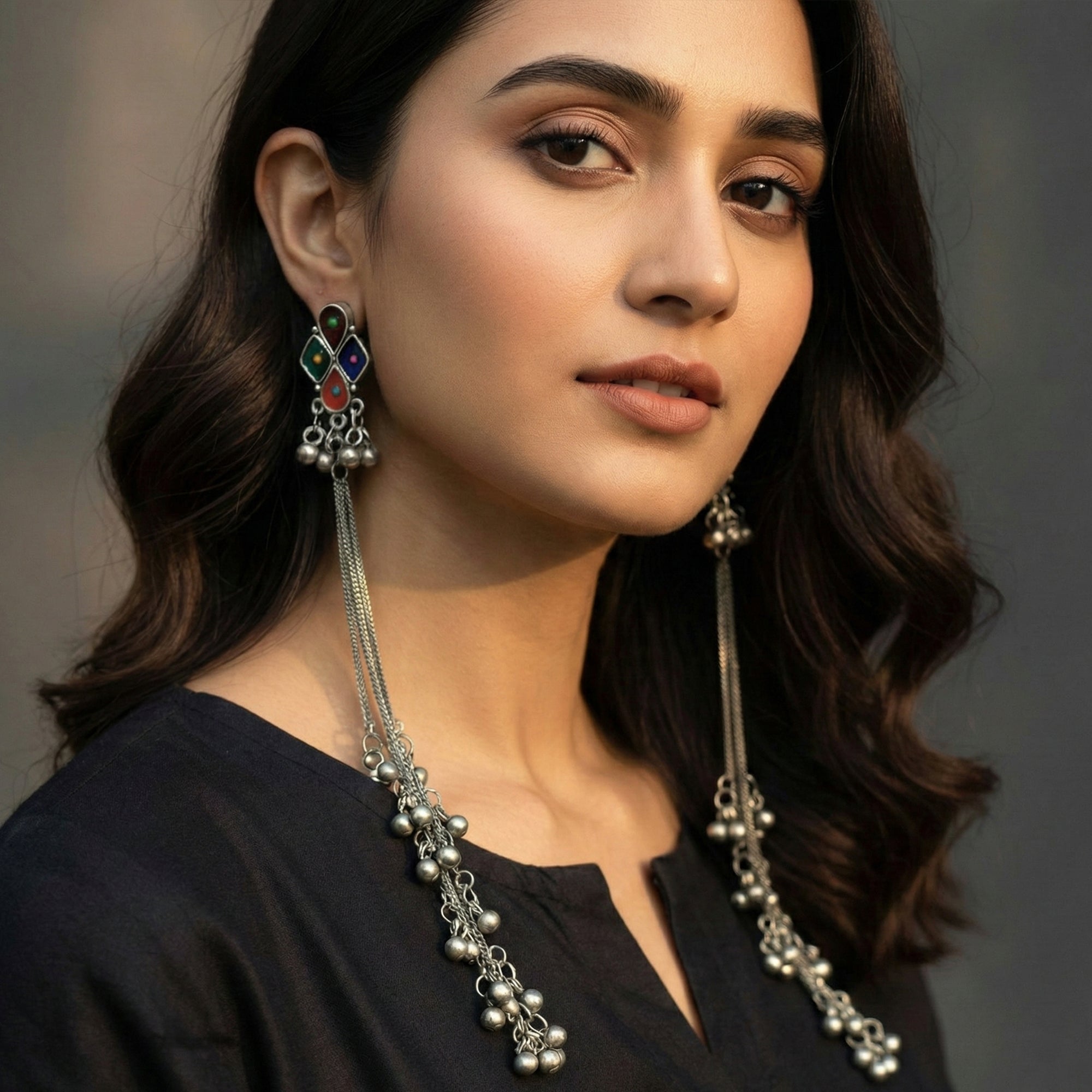 JS Fashion Tribal Oxidized Long Earrings with Multicolor Stones for Women & Girls