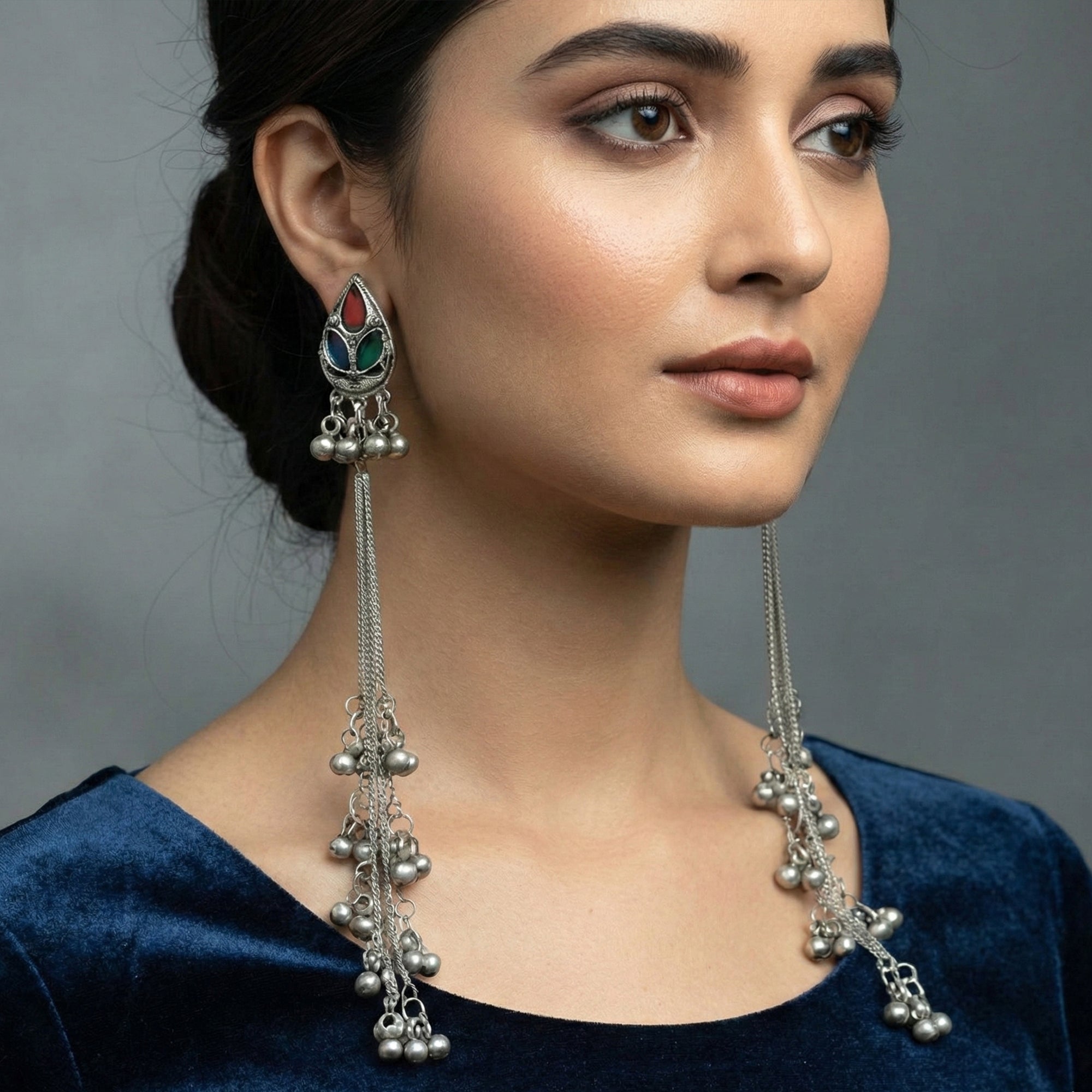 JS Fashion Designer Oxidized Silver Long Ghungroo Earrings for Women & Girls