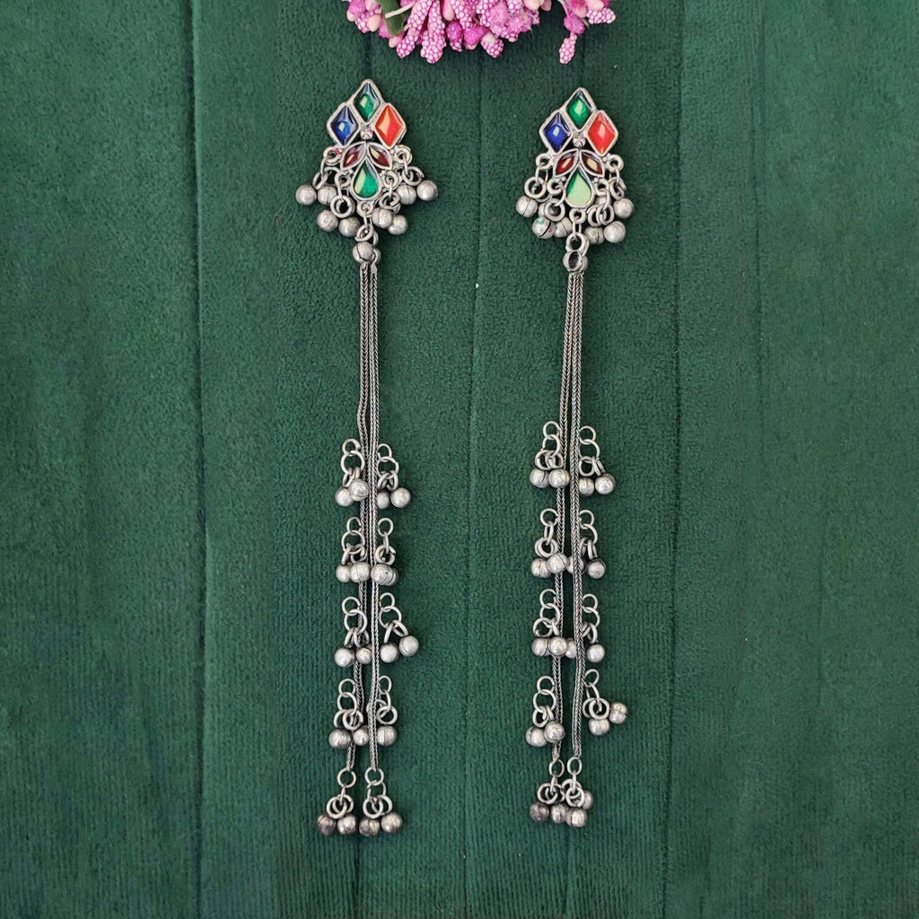JS Fashion Oxidized Silver Long Multicolor Ghungroo Earrings for Women & Girls