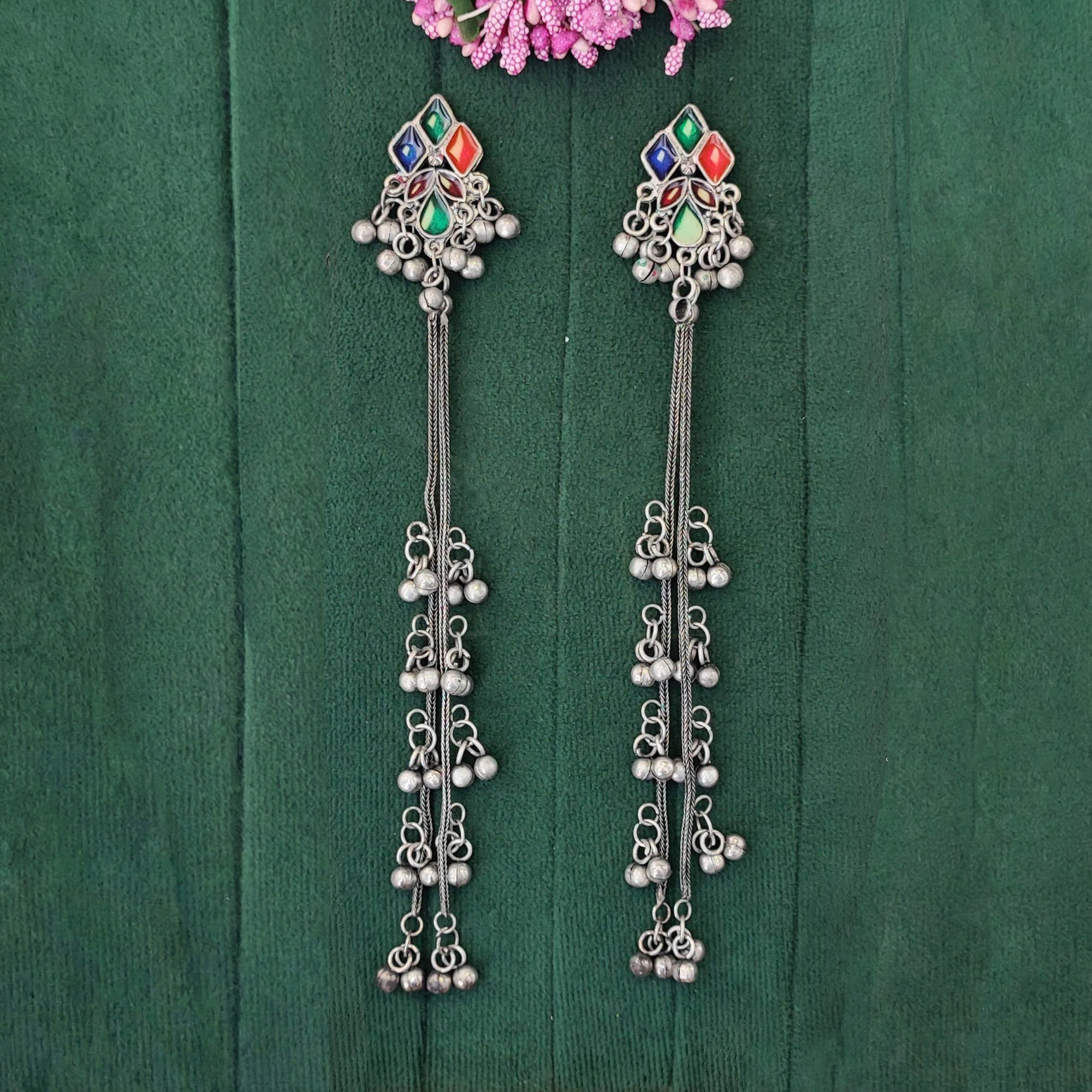 JS Fashion Oxidized Silver Long Multicolor Ghungroo Earrings for Women & Girls