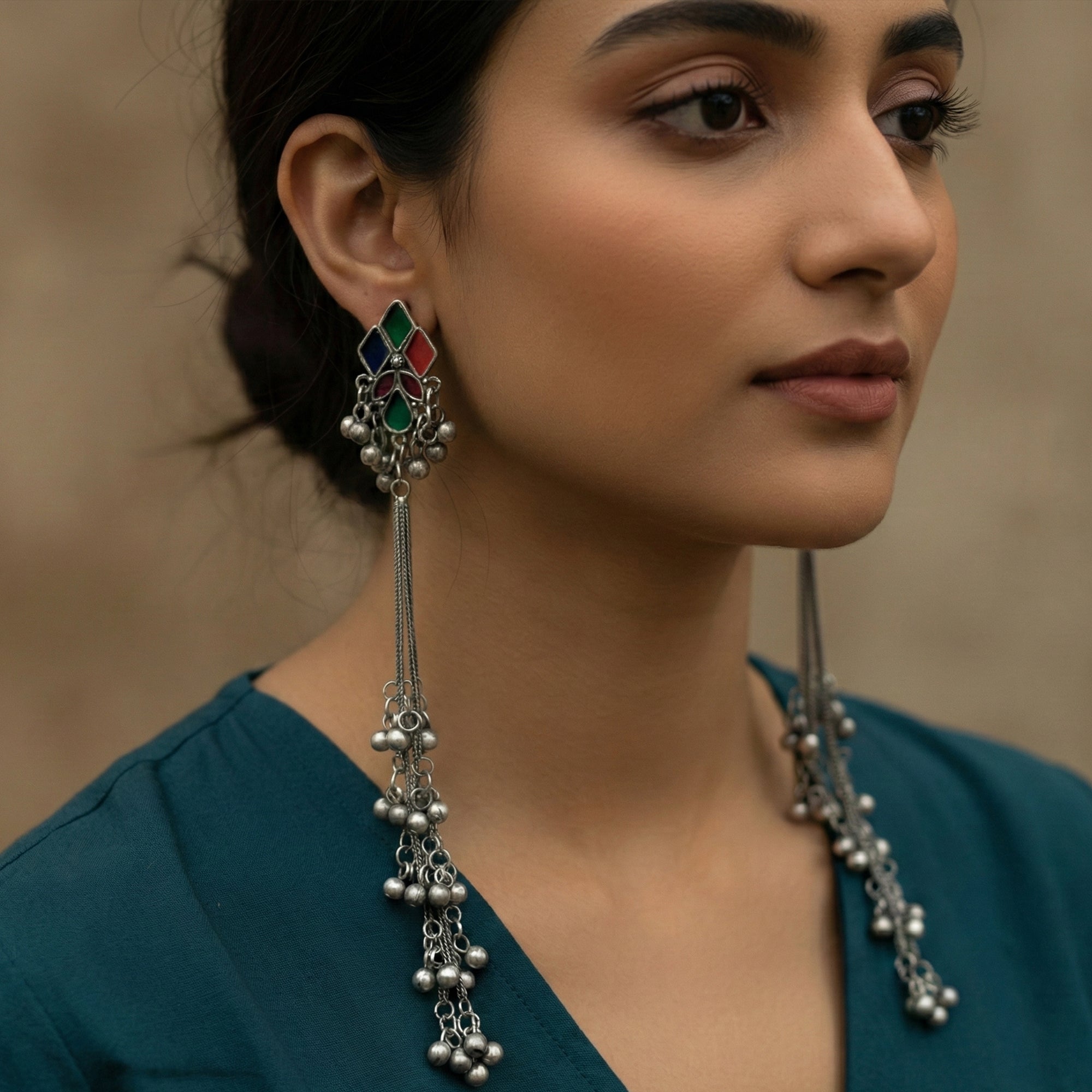 JS Fashion Oxidized Silver Long Multicolor Ghungroo Earrings for Women & Girls