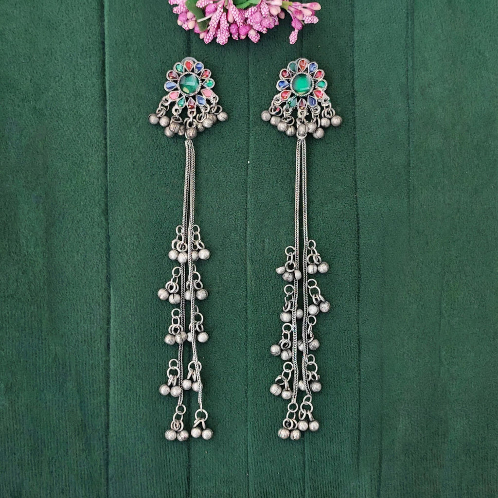 JS Fashion Boho Oxidized Long Earrings with Color Stones for Women & Girls