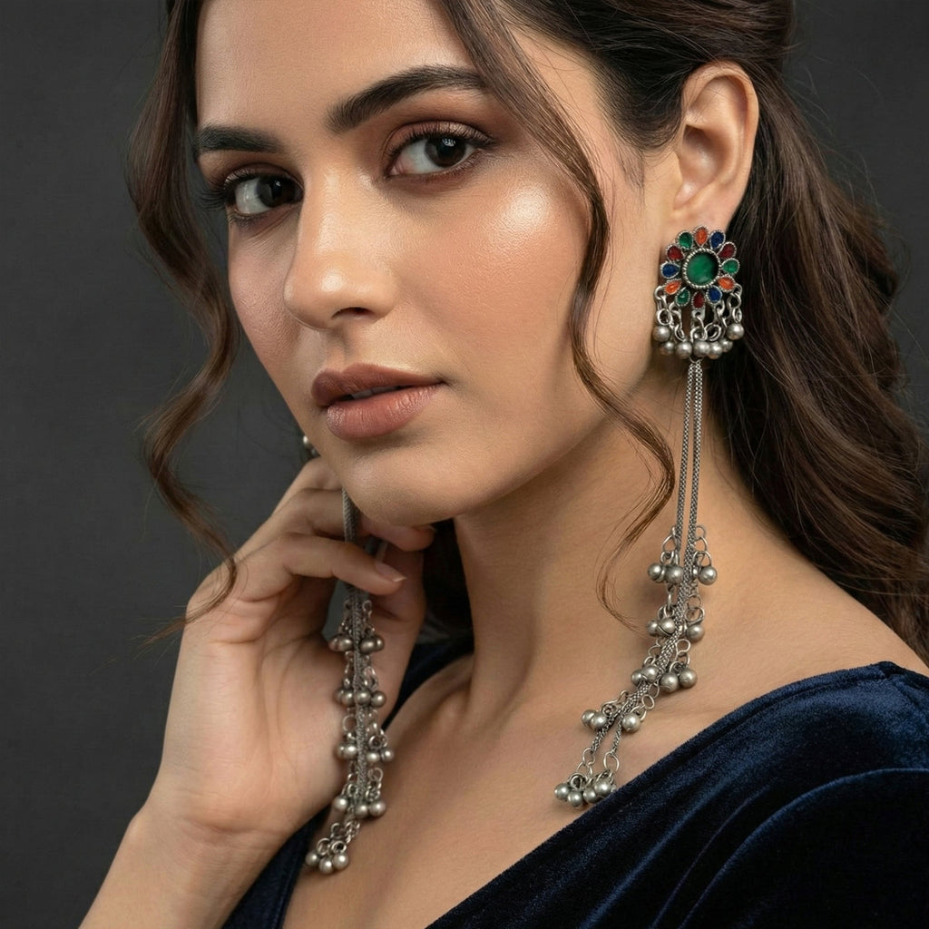 JS Fashion Boho Oxidized Long Earrings with Color Stones for Women & Girls