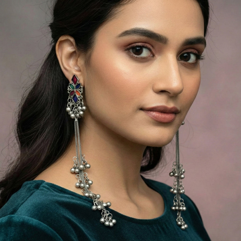 JS Fashion Traditional Long Oxidized Earrings with Ghungroo for Women & Girls