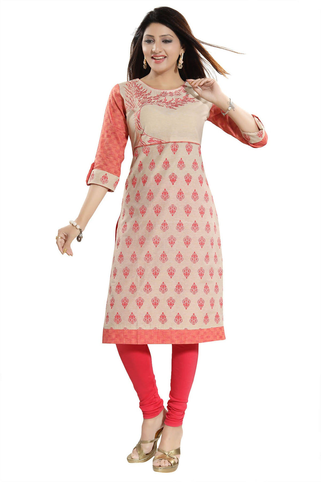 Snehal Creations Flamboyant Tomato And Beige Cotton Printed Tunic