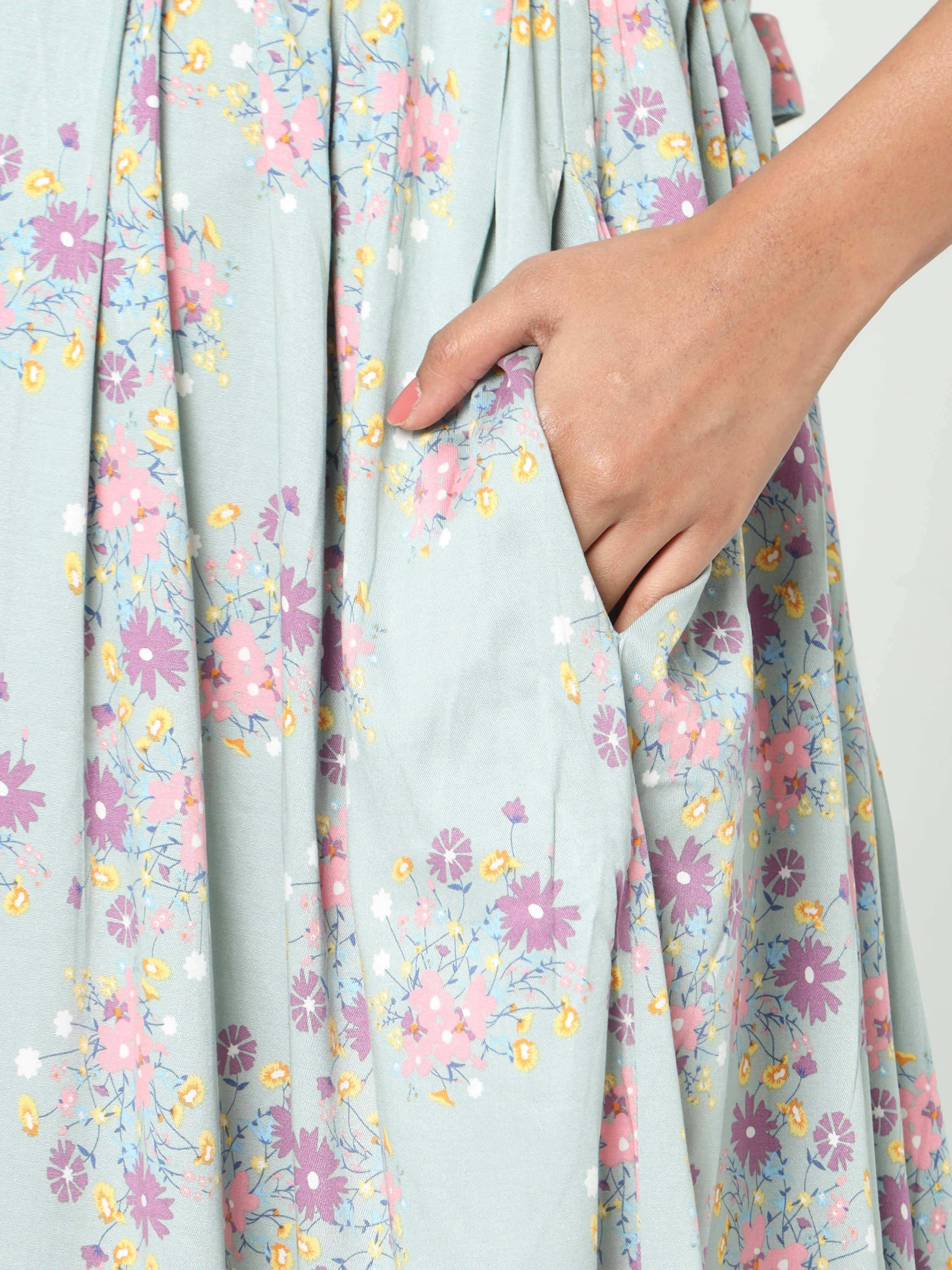 Manet Three Fourth Maternity Dress Pink Floral Print With Concealed Zipper Nursing Access - Green