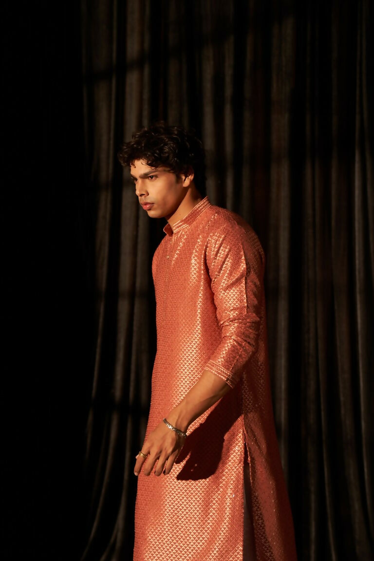 Red viscose Chikankari Embroidery Work Men's Traditional Kurta Set - Mahotsav