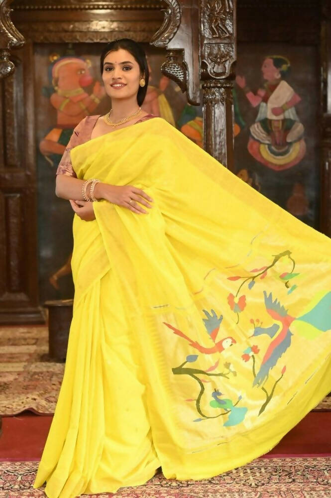 Very Much Indian Handloom Pure Cotton Paithani-Lime Yellow