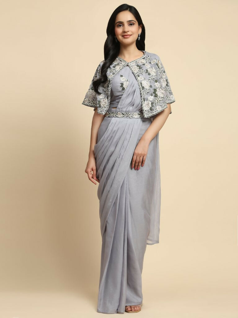 Grey Chiffon Solid Ready to wear Saree with stitched Blouse - Aayan