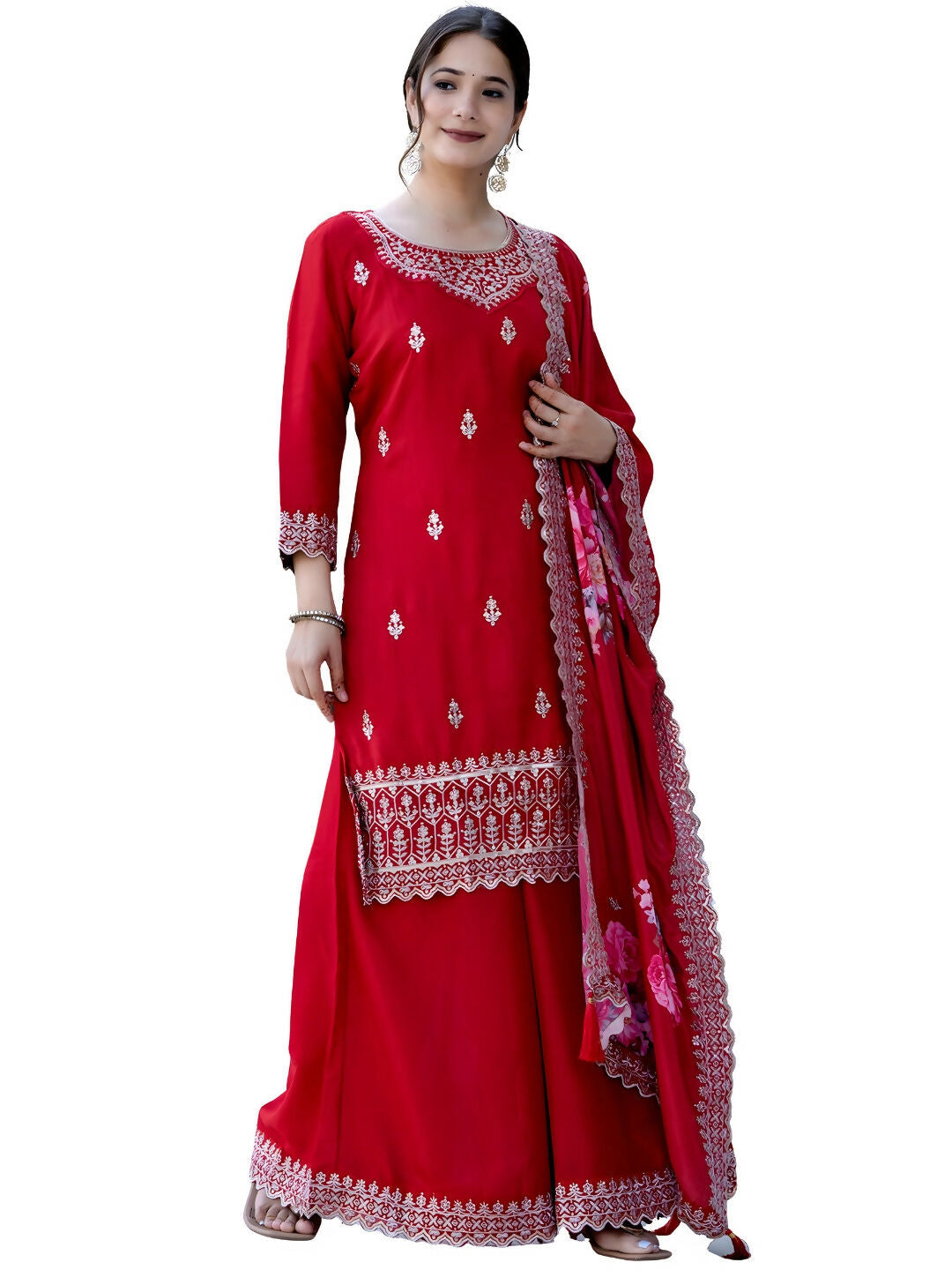The52 Red Women's Gorgeous Embroidered Vichitra Silk Fabric Straight Kurta, Sharara and Dupatta Set
