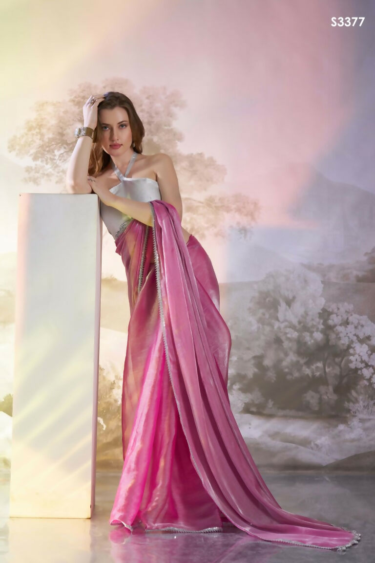 Pink Burberry Organza Solid Fancy Designer Saree - Nafisa