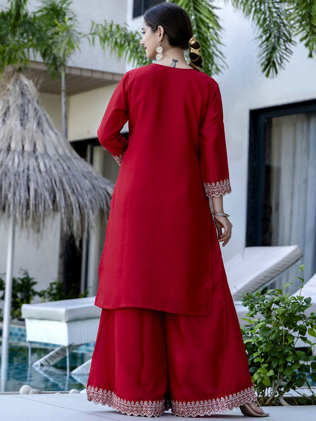 The52 Red Women's Gorgeous Embroidered Vichitra Silk Fabric Straight Kurta, Sharara and Dupatta Set