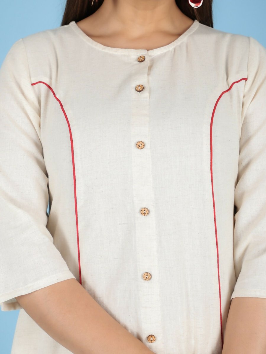 Aramya Cream Linen Cotton Solid Print A-line Kurta Set for Women