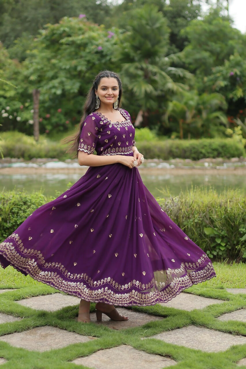 Vastranavya Premium Designer Faux Blooming with Embroidery Zari Sequins work Gown - Purple