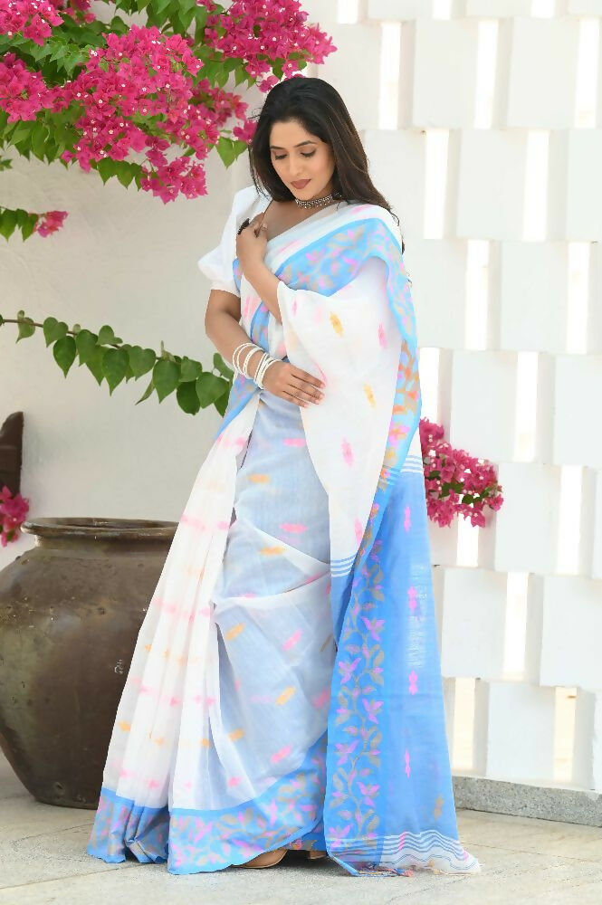 Beatitude White Slub Cotton Floral Jamdani Saree