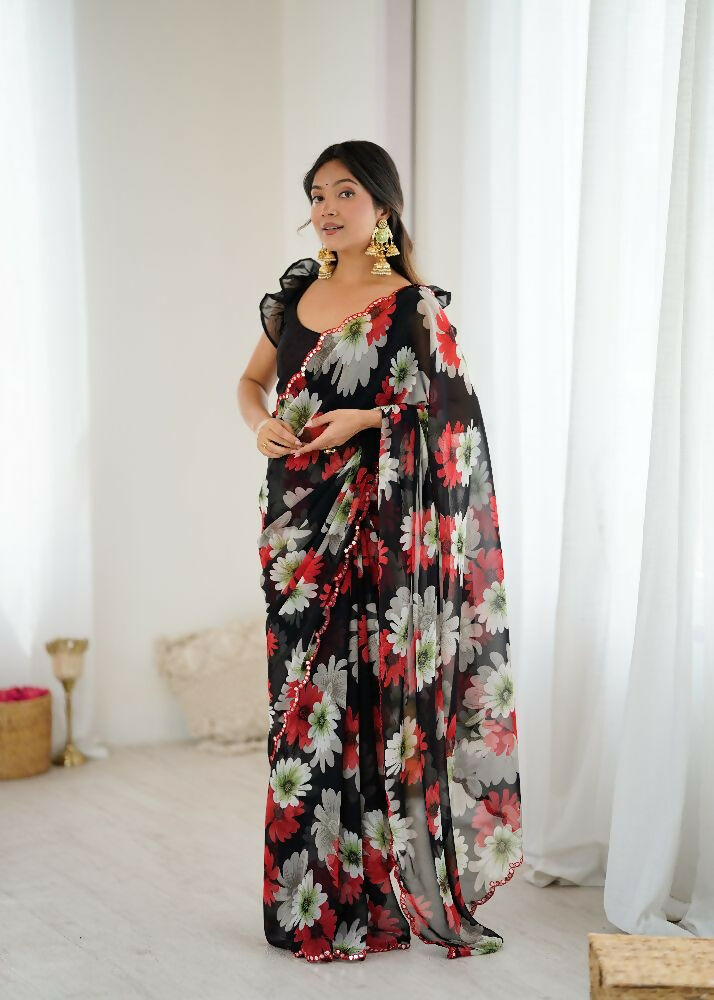 PR Fashion Black Georgette Printed With Mirror Work Saree