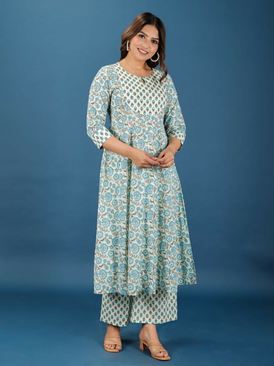 Aramya Anarkali Soft Cotton Floral Print Women's Kurta - Off White