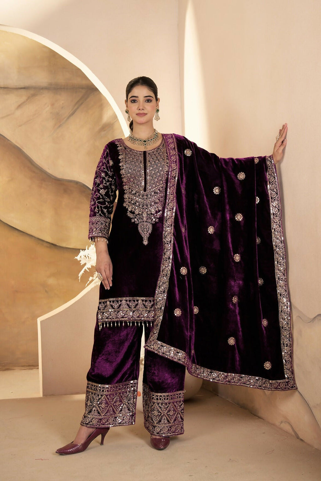 Joban Fashion Wine Velvet Sequence Embroidery Work Kurta Set