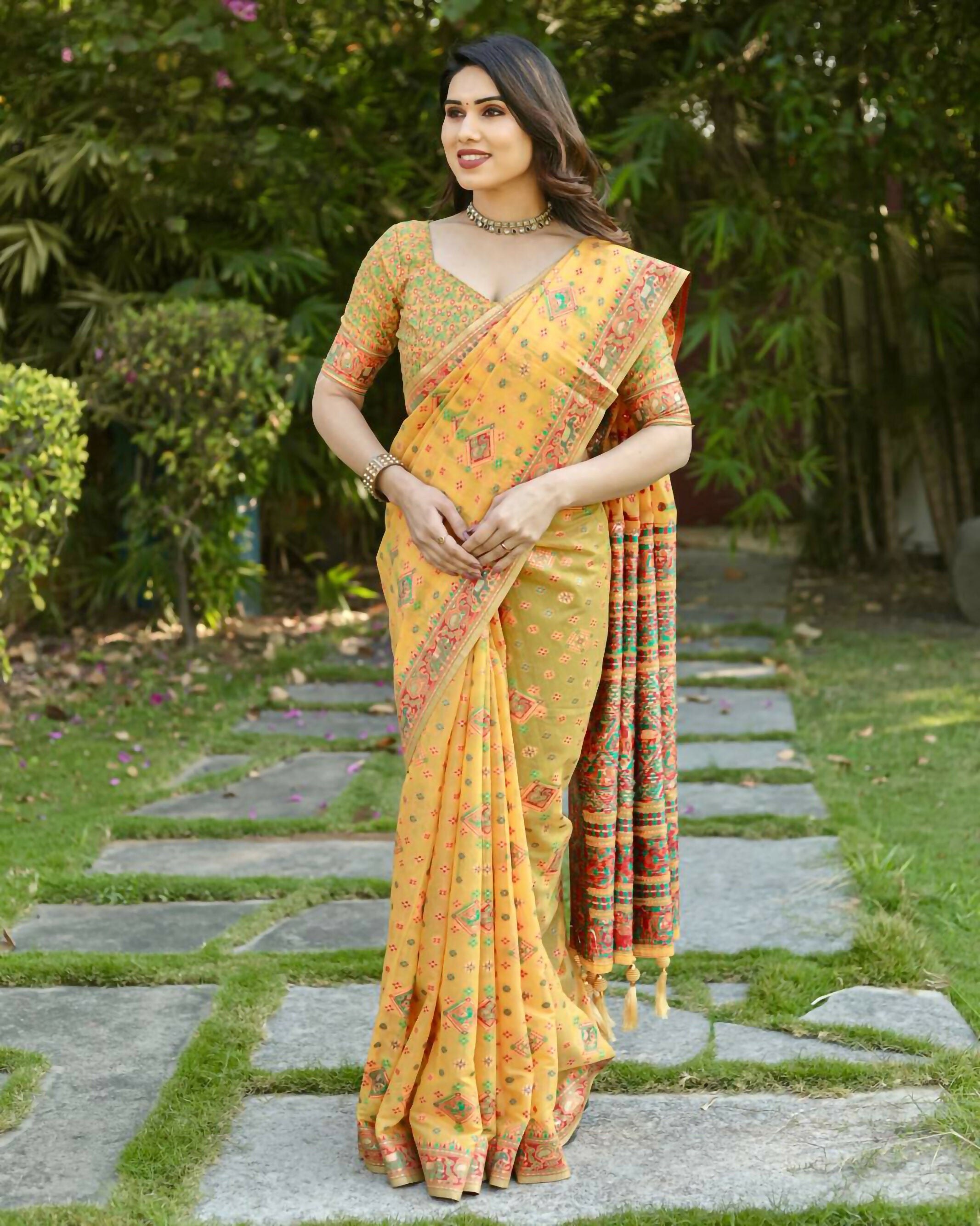 Vastranavya Luxury and Beautiful Soft, Smooth, Flowing Original Pashmina Soft Cotton Saree with Matching Blouse Fabric - Yellow