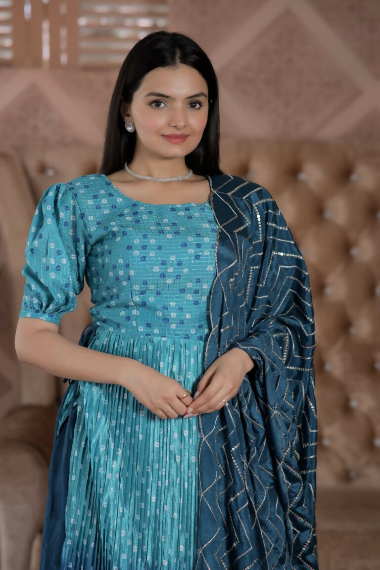Jyoti Fashion Women's Blue Muslin Floral Print with Crush Pleating Kurta with Trouser & Dupatta