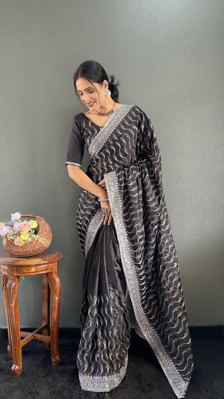 Vastranavya Black Chinnon Silk Embroidery Multi Sequence & Arco Cut Work Ready to Wear Saree
