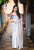 Grey Poly Crepe Ethnic Motifs Saree with Unstitched Blouse - Hiral Fashion