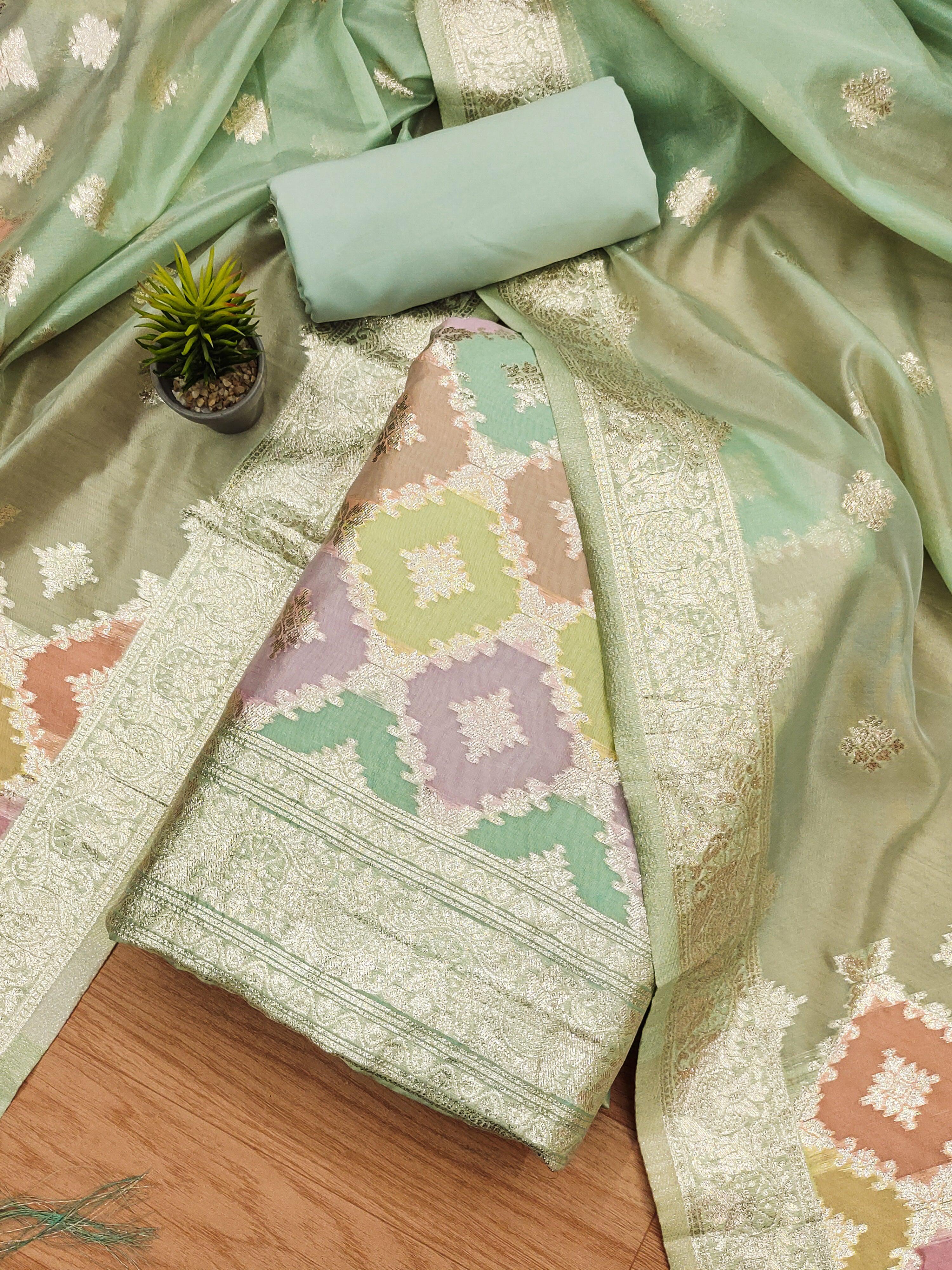 Lorenvalley Fashion Women Zari Woven Organza Suit Unstitched - Green
