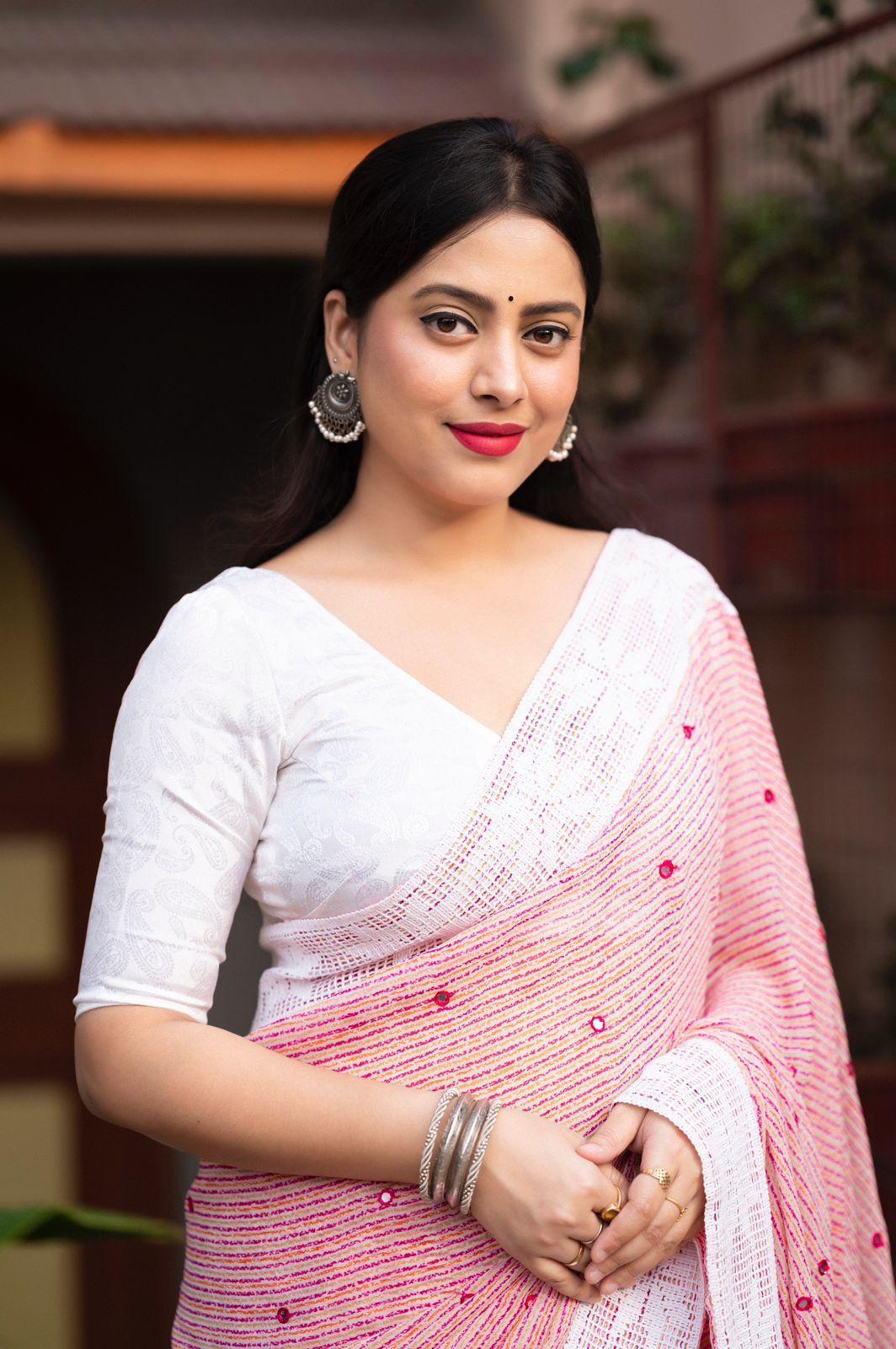 Pink Poly Georgette Ethnic Motifs Saree with Unstitched Blouse - Hiral Fashion