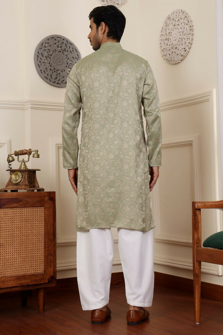 Pista Viscose Woven Jacquard Work Men's Rajwadi Kurta Set - Mahotsav