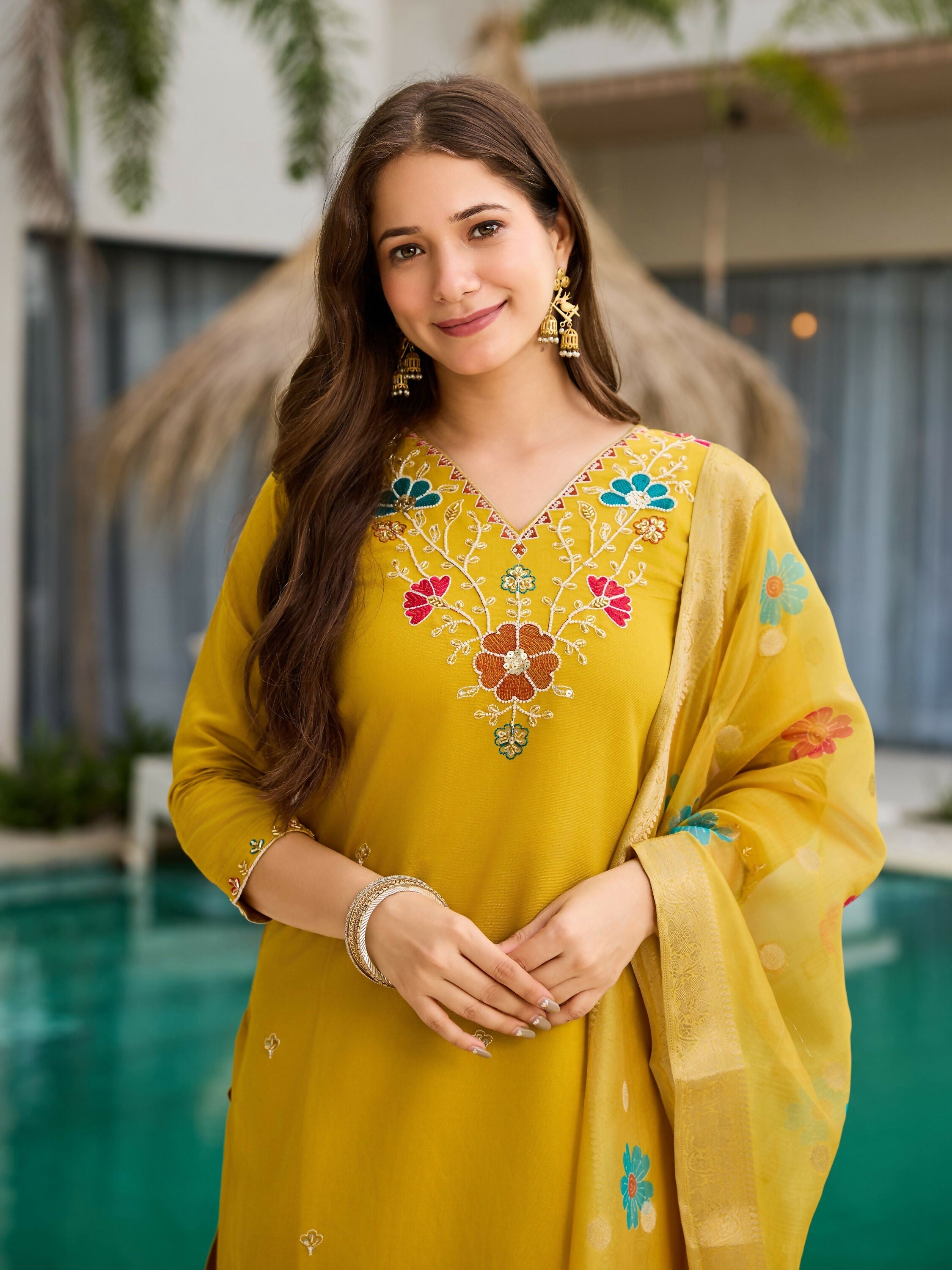 The52 Yellow Women's Gorgeous Embroidered work Viscose Gadhwal Fabric Straight Kurta, Pant and Dupatta Set